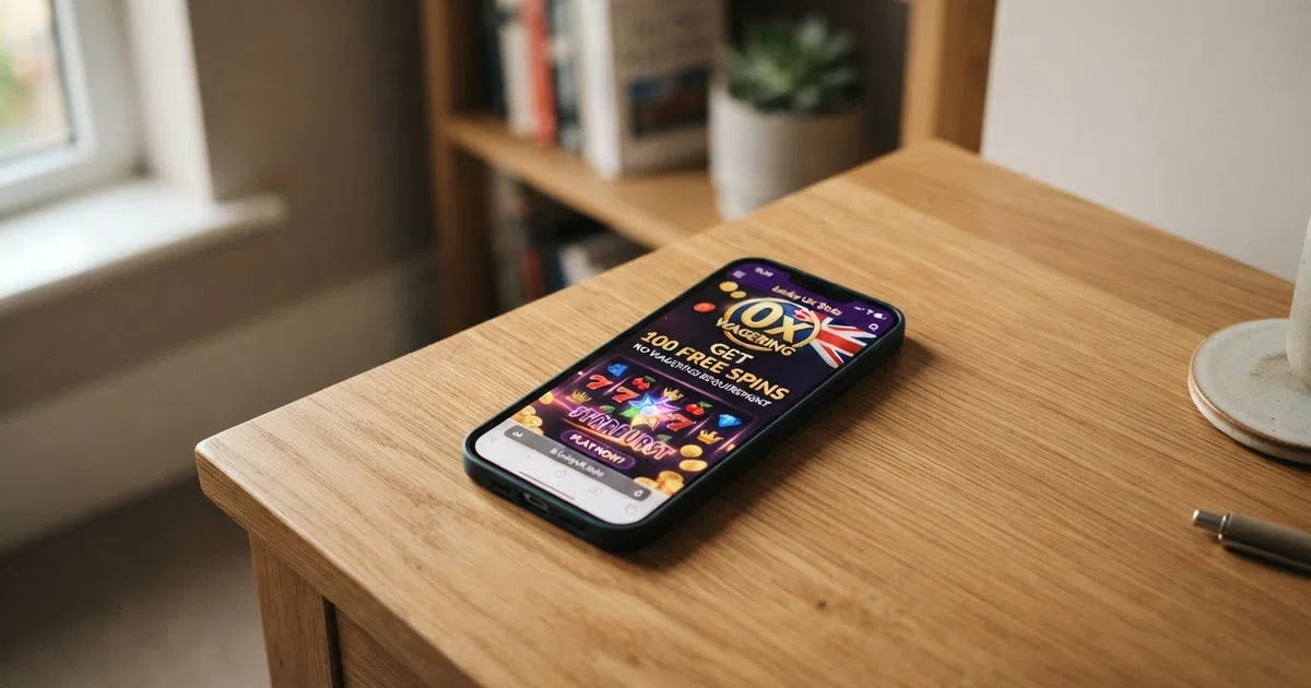 A smartphone showing a casino welcome offer with a prominent 0x wagering badge above a row of slot reels