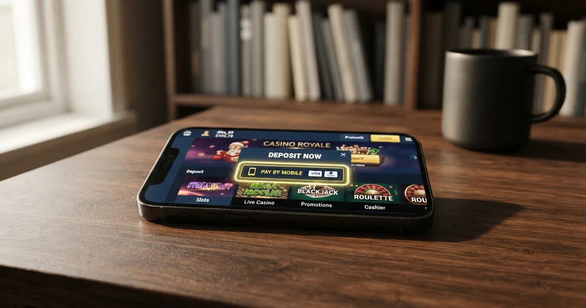 A smartphone screen showing a casino lobby with a highlighted “Pay by Mobile” button on the deposit panel