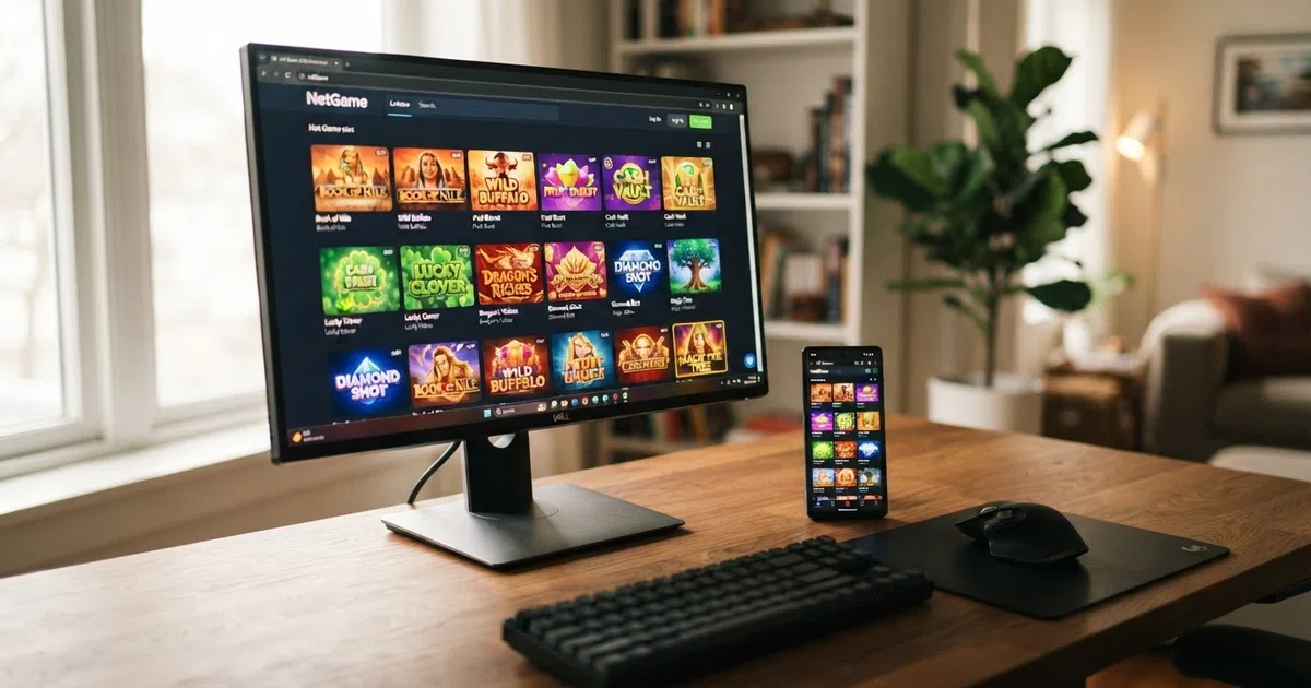 A grid of colourful NetGame slot title cards displayed side by side on a desktop monitor and a smartphone screen