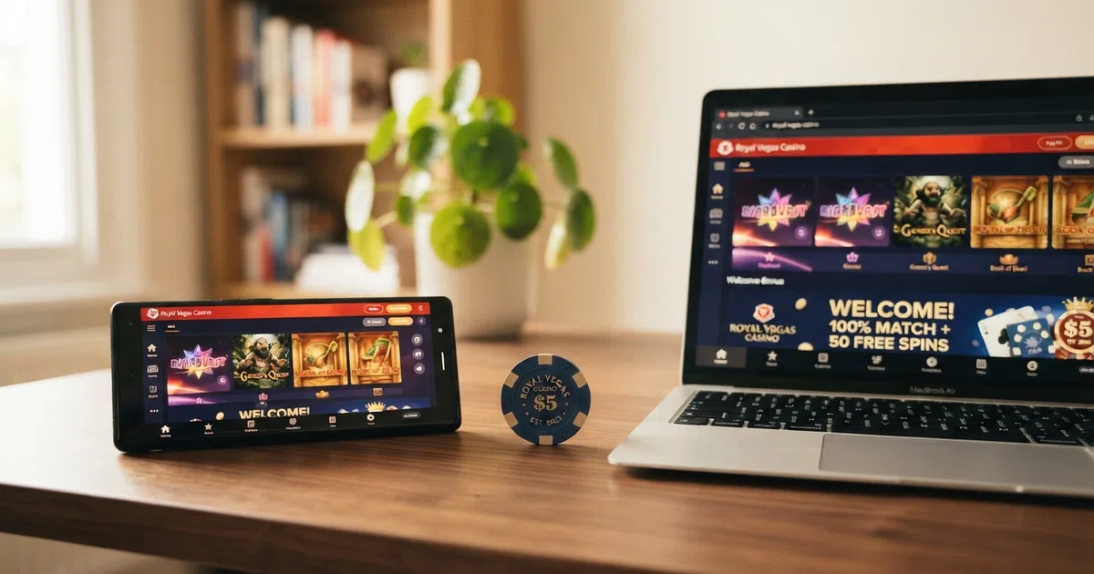 A new online casino lobby open on a smartphone next to a laptop, showing slot game tiles and a welcome-bonus banner
