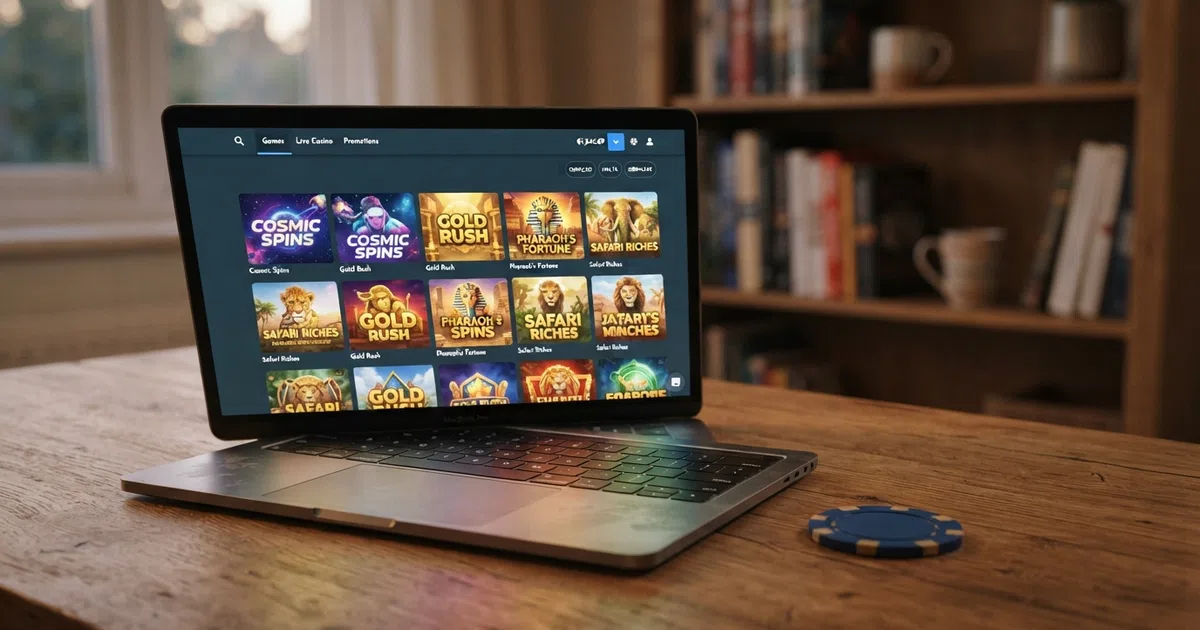 A laptop screen showing an online casino lobby with slot game thumbnails and a search bar, overlaid with small jurisdiction flag icons representing Curaçao, Malta and Gibraltar