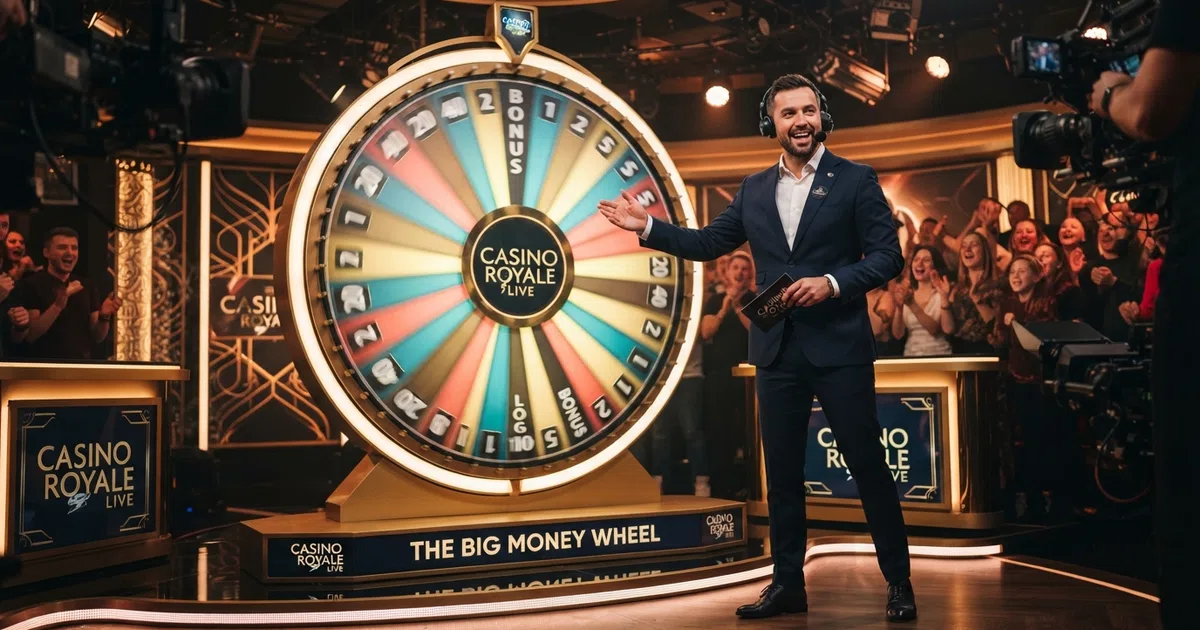 A brightly lit live casino studio with a presenter standing beside a large spinning money wheel, surrounded by camera rigs, coloured lighting and on-screen betting-interface overlays