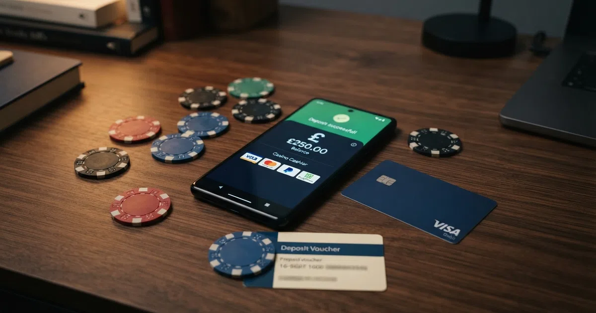 A selection of UK casino payment method icons — debit card, PayPal, Skrill, Apple Pay and a bank transfer symbol — arranged on a clean dark background