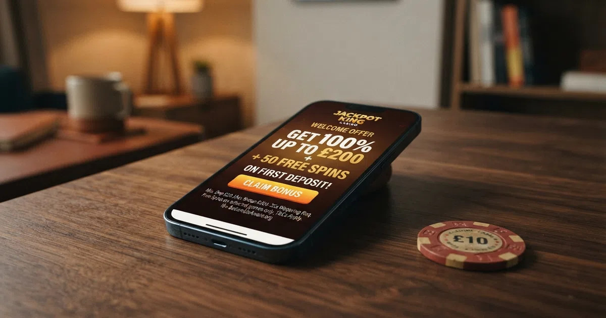 A smartphone screen displaying a UK online casino welcome-offer landing page with a prominent “Claim Bonus” button, free-spin count and wagering terms visible