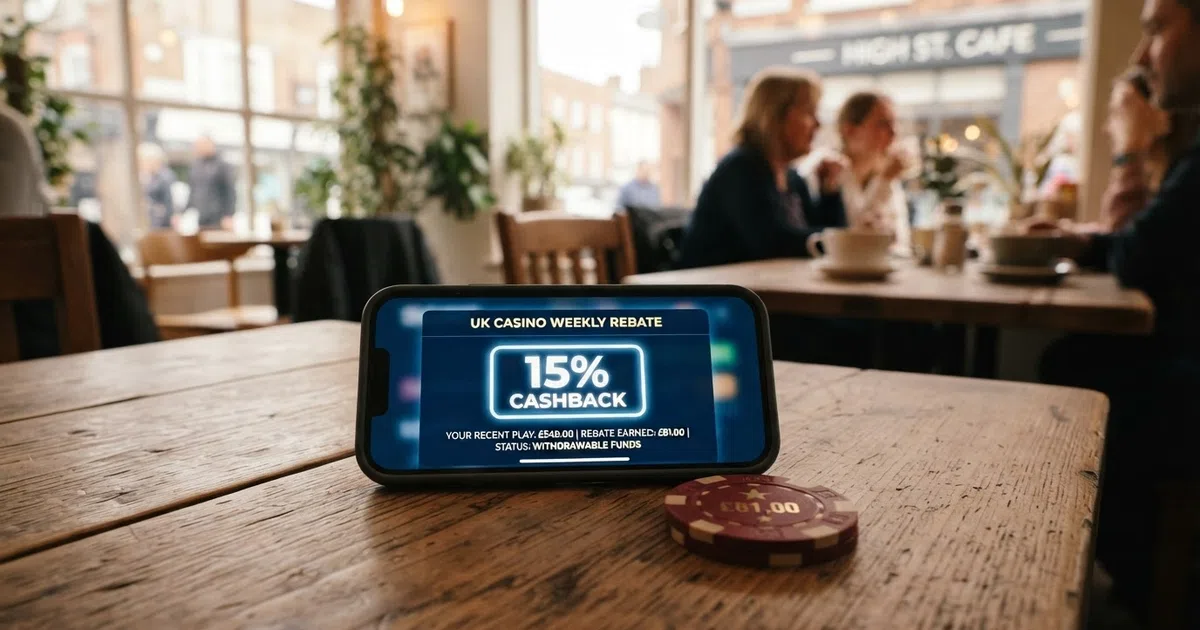 A smartphone screen displaying a UK online casino cashback offer summary with a percentage rebate badge and a withdrawable-cash label, set against a clean British-high-street-inspired background