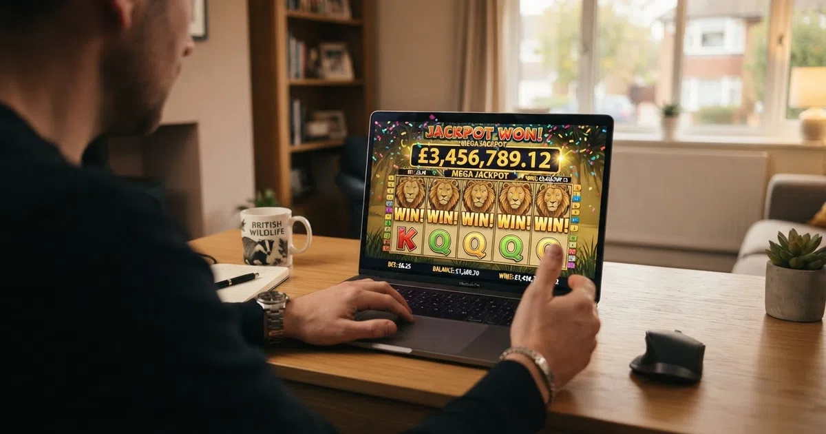 A row of colourful online slot machine reels displaying jackpot symbols and a growing progressive prize counter above the grid