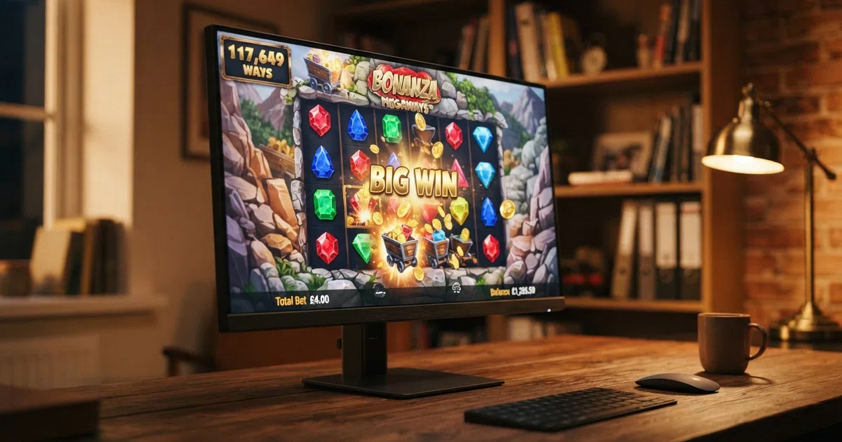 A grid of six Megaways reels on a Big Time Gaming slot, with the cascading-symbols win animation mid-flow on a desktop screen