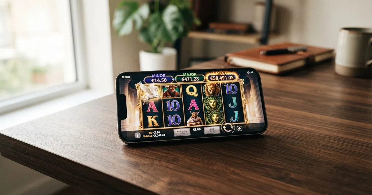 A NetEnt Divine Fortune slot game screen showing the 5×3 reel grid with Ancient Greek mythological symbols — Pegasus, Minotaur, Medusa — and the three progressive jackpot tiers displayed above the reels