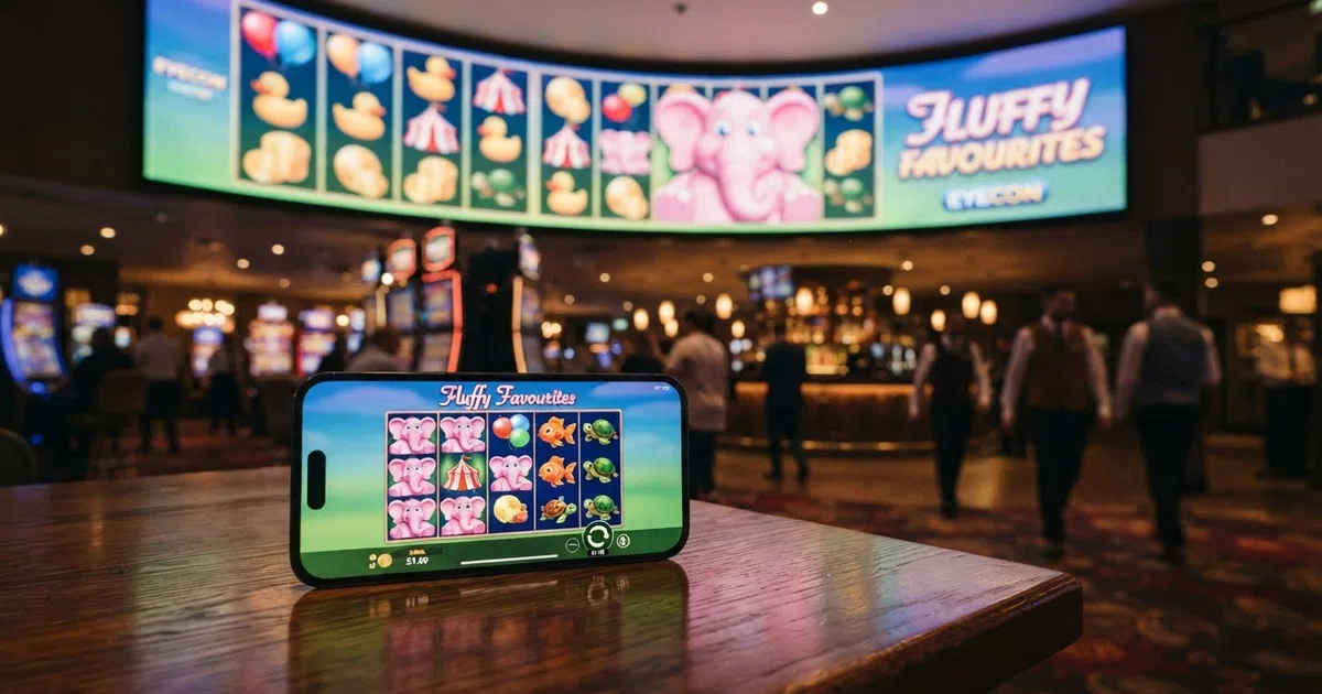 A grid of colourful Eyecon slot reels on screen, with the Fluffy Favourites pink elephant character visible, set against a casino lobby background