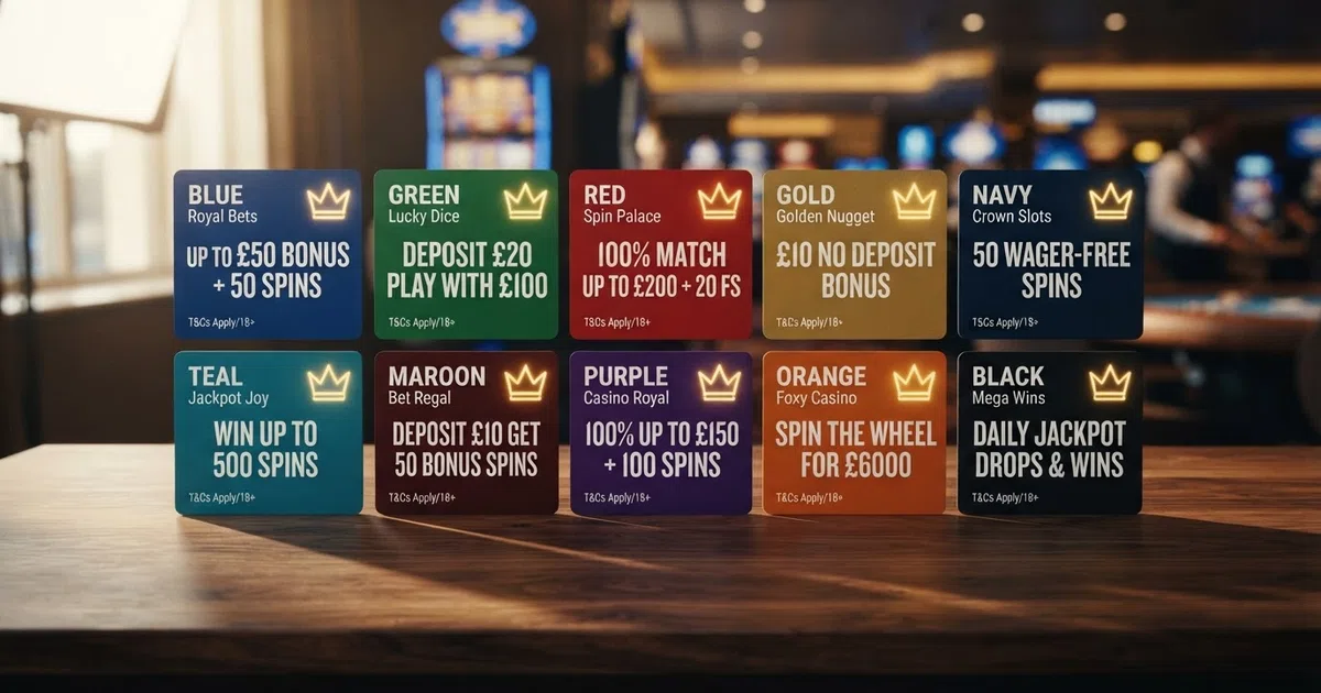 Ten UK online casino logo cards arranged in a comparison grid, each card showing the operator name beside a headline bonus term, with Jackpot King branding as a unifying badge across the row