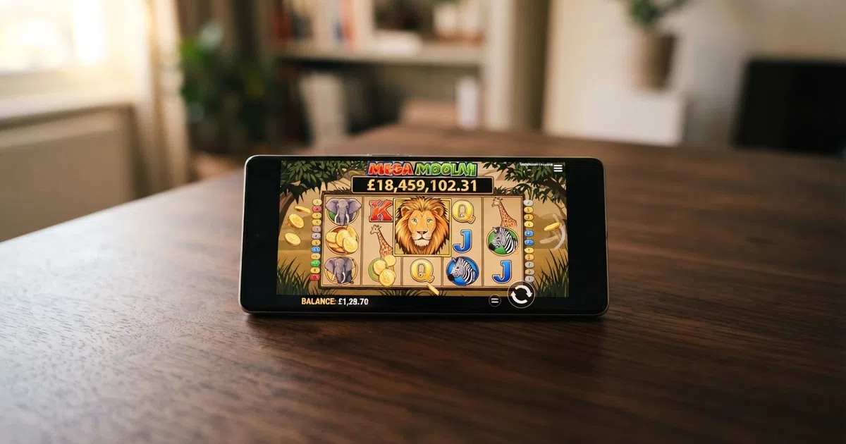 A smartphone screen displaying the Mega Moolah slot reels with the safari-themed lion logo and the progressive jackpot counter showing a multi-million-pound figure