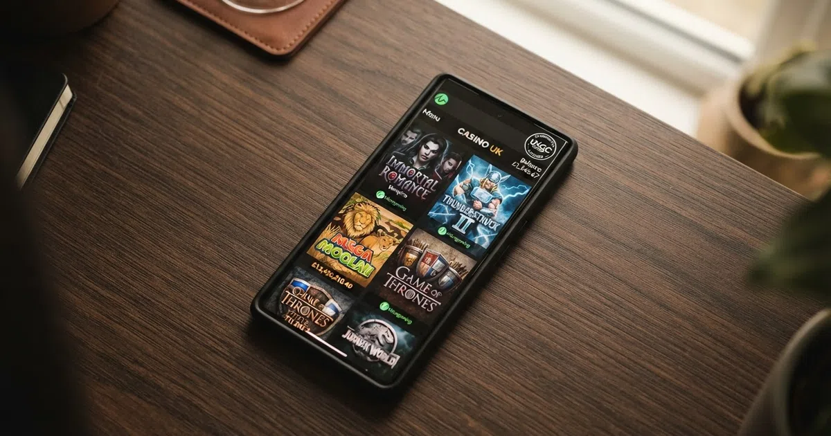 A grid of Microgaming slot game tiles displayed on a casino homepage beside a UK Gambling Commission licence badge