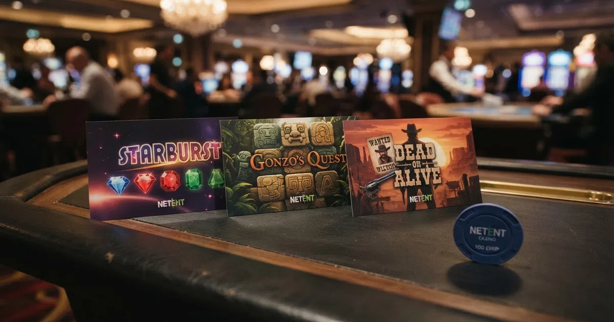 A grid of NetEnt slot title cards arranged on a dark background — Starburst gems, Gonzo's Quest stone blocks and Dead or Alive wanted posters visible in the foreground