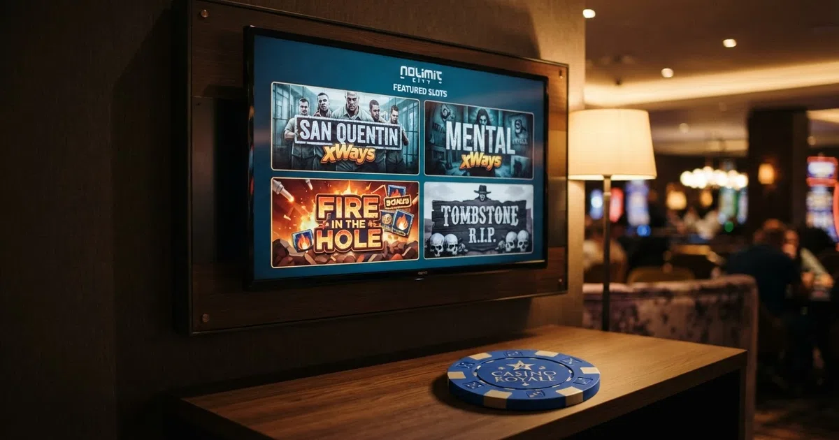 A grid of Nolimit City slot title cards — San Quentin xWays, Mental, Fire in the Hole and Tombstone R.I.P. — arranged across a casino game lobby screen with a search bar visible