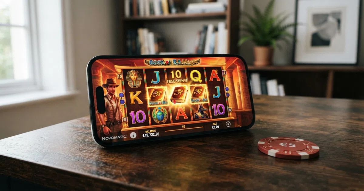 A smartphone displaying colourful Play'n GO slot reels beside the Play'n GO provider logo against a dark background