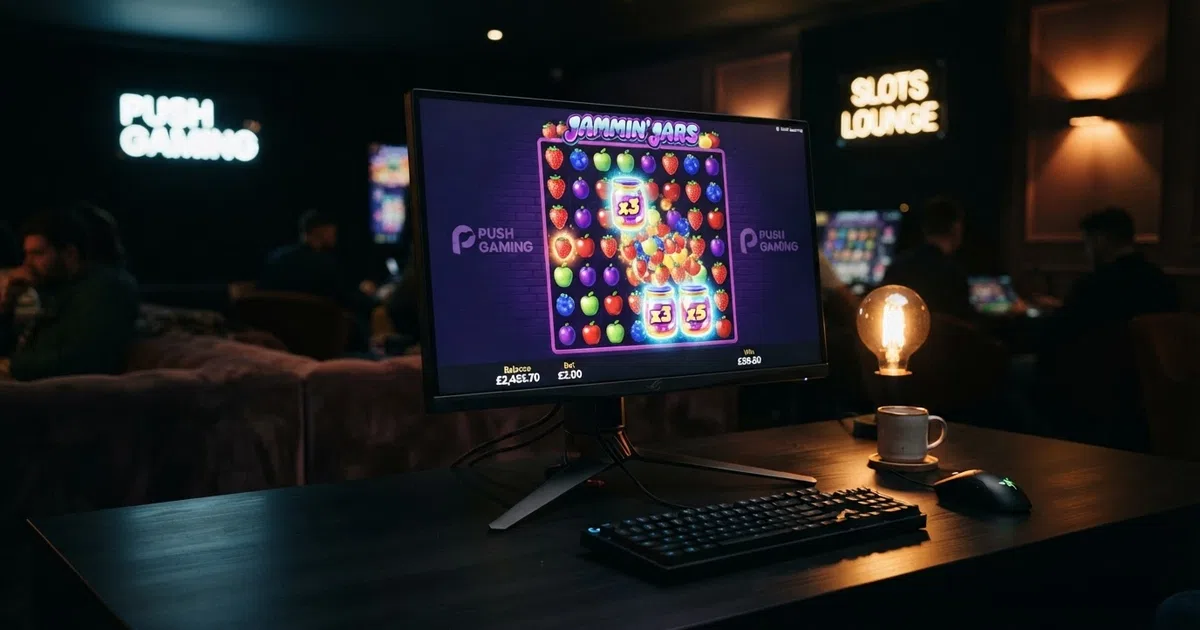A grid of Push Gaming slot title cards including Jammin' Jars, Razor Shark and Big Bamboo against a dark branded studio backdrop