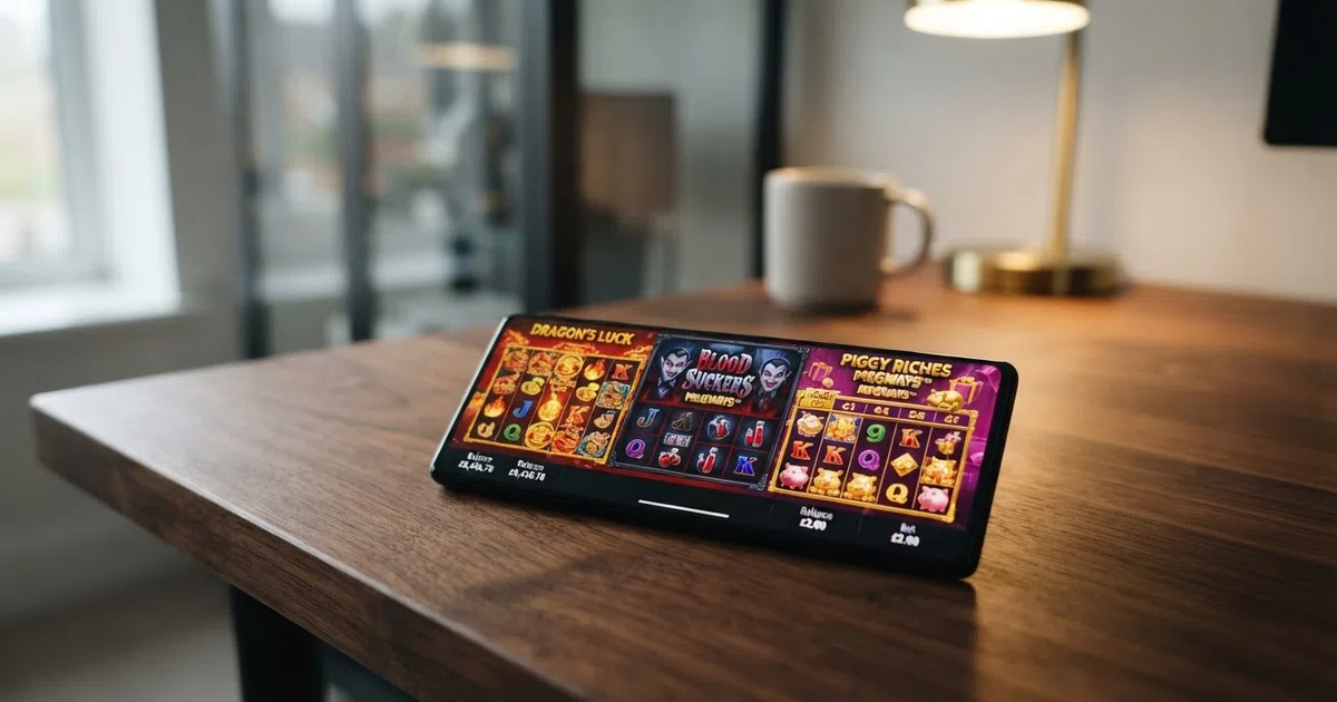 A grid of Red Tiger slot reels — Dragon's Luck, Blood Suckers Megaways and Piggy Riches Megaways — on a mobile screen with a UK casino logo in the corner