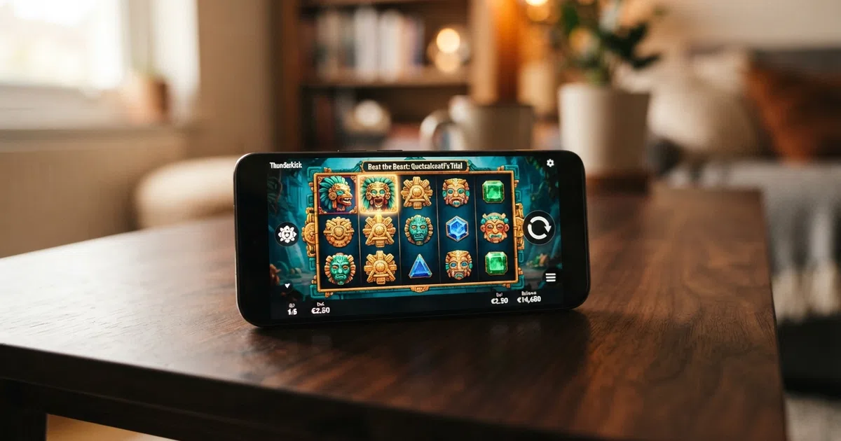Colourful cartoon Thunderkick slot reels on a phone screen with a casino game lobby behind them