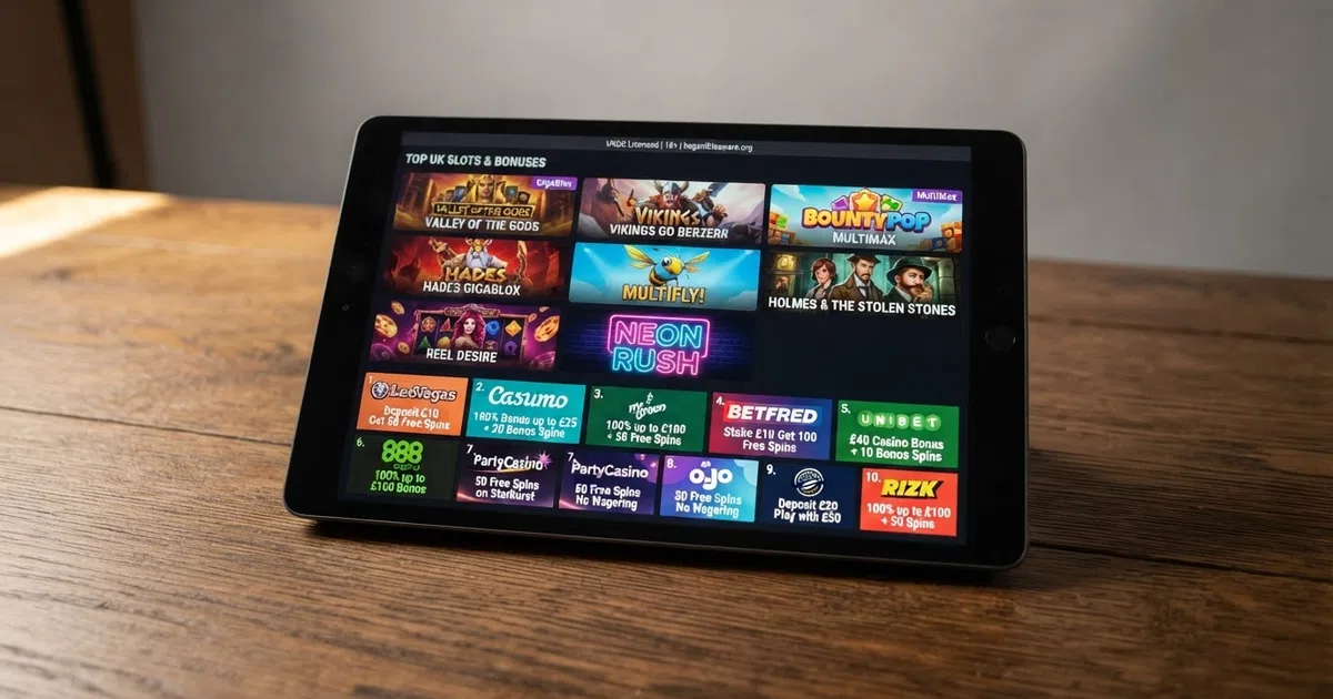 A grid of UK online casino welcome screens showing Yggdrasil slot thumbnails alongside bonus-offer banners