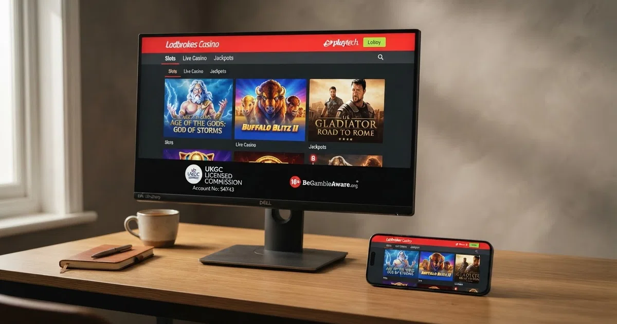 A grid of UK online casino lobby screens showing Playtech slot tiles including Age of the Gods, Buffalo Blitz and Gladiator, with UKGC licence badges visible in the footer