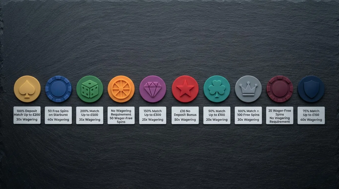 A side-by-side visual of the featured casino logos arranged in ranked order, with their welcome bonus values and wagering multipliers displayed beneath each one