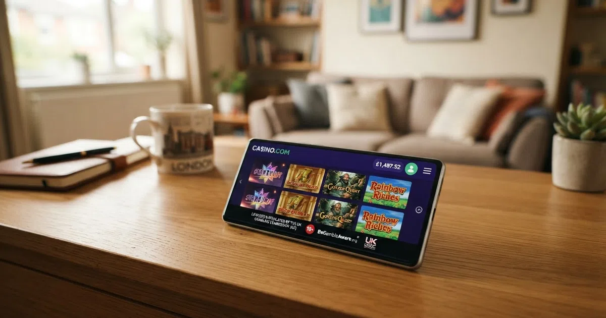 A smartphone screen displaying a UK-licensed online casino lobby with real-money slot tiles, a GBP balance in the top corner and a visible UKGC licence number in the footer
