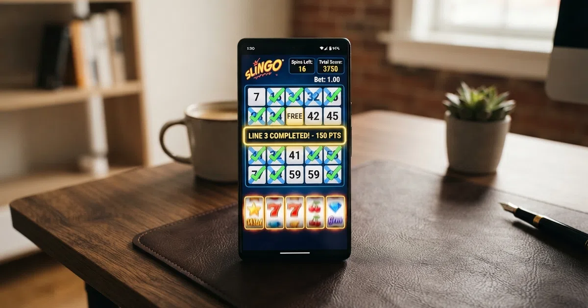 A 5×5 Slingo number grid mid-game with a row of spinning reels below, several numbers marked off and a completed horizontal Slingo line highlighted in colour