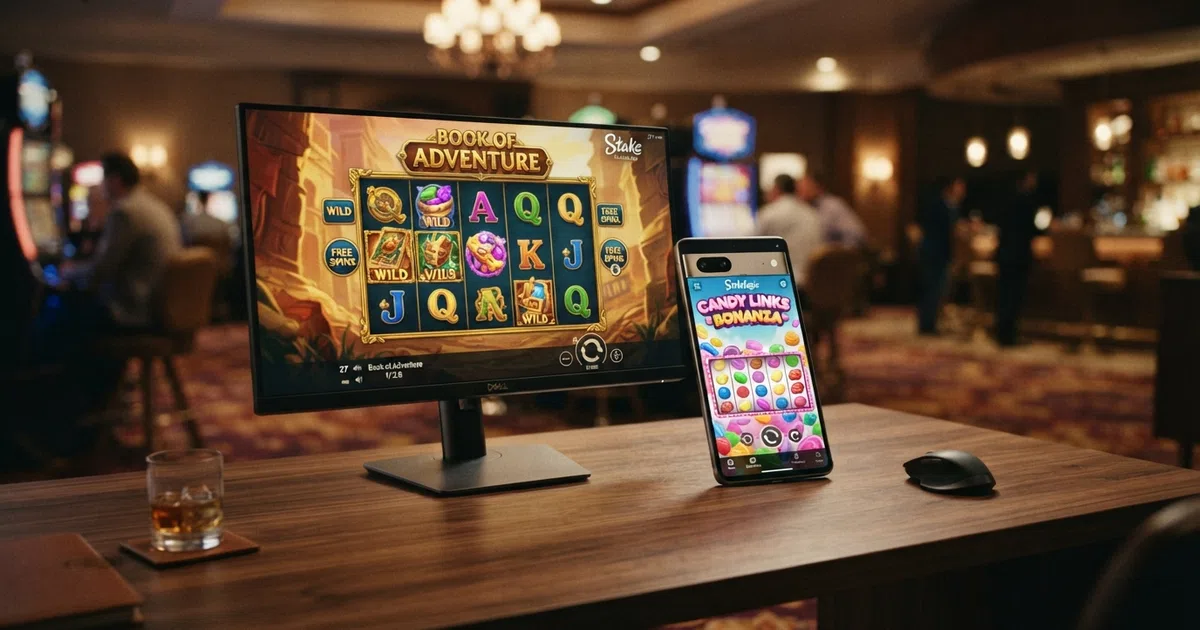 A grid of StakeLogic slot titles displayed on a desktop browser and a smartphone screen side by side, with the StakeLogic logo visible