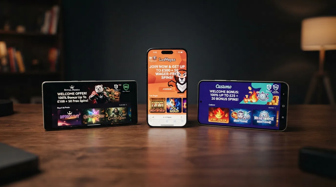 A side-by-side grid of mobile casino lobbies from the featured operators, each showing a welcome-offer banner and a responsible-gambling tool icon