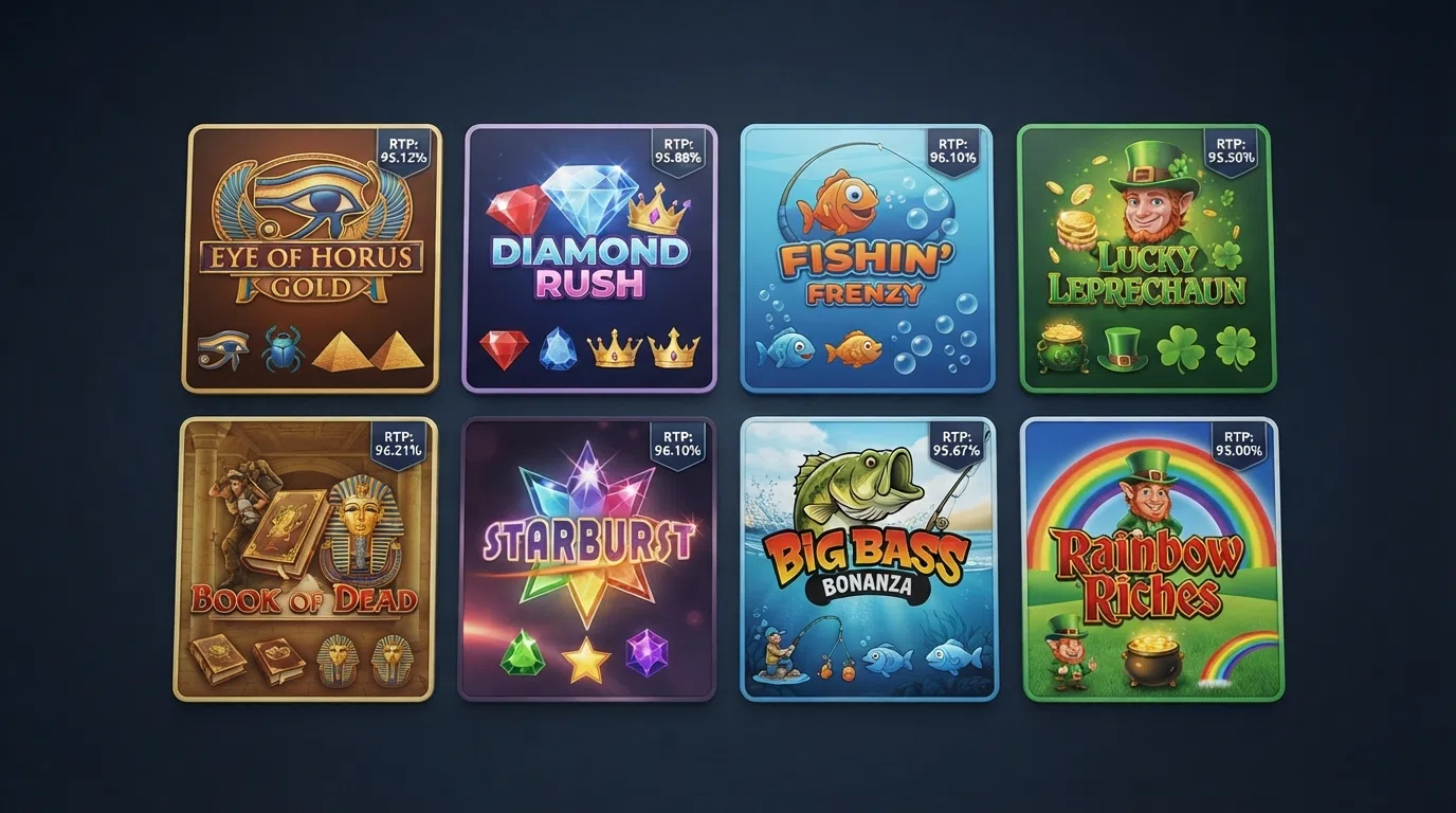 A grid of game-card artwork for Book of Dead, Starburst, Big Bass Bonanza, Fluffy Favourites and Fizzy Pennyslot, each showing its RTP badge