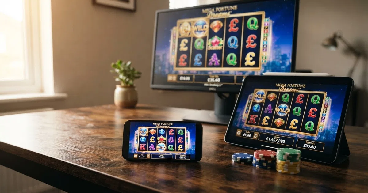 A grid of brightly coloured video slot reels on a smartphone screen, a desktop monitor, and a tablet, with UK pound symbols visible on the stake selector of the nearest device