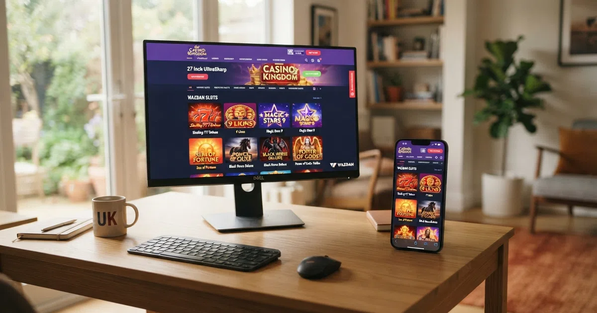 A grid of UK online casino homepages displayed on desktop and mobile screens, with Wazdan slot thumbnails visible in the game lobby