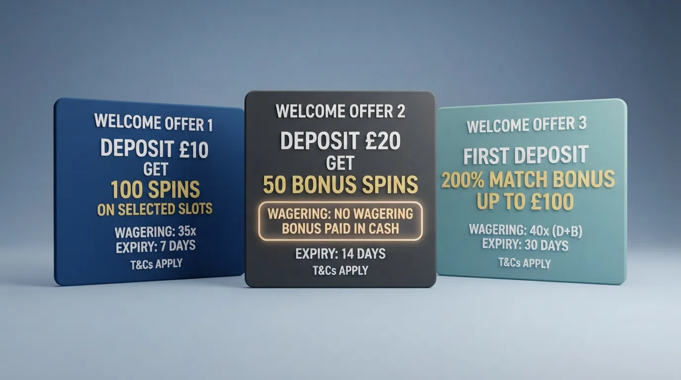 A side-by-side comparison of three operator welcome-offer cards, each showing a different spin count, wagering multiplier and expiry date, with the zero-wagering offer highlighted