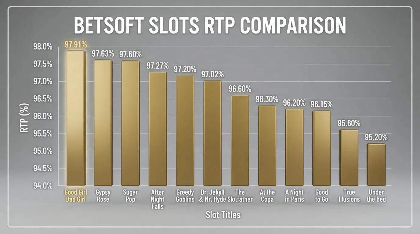 A visual comparison chart showing Betsoft slot titles ordered by RTP percentage, with Good Girl Bad Girl at the top