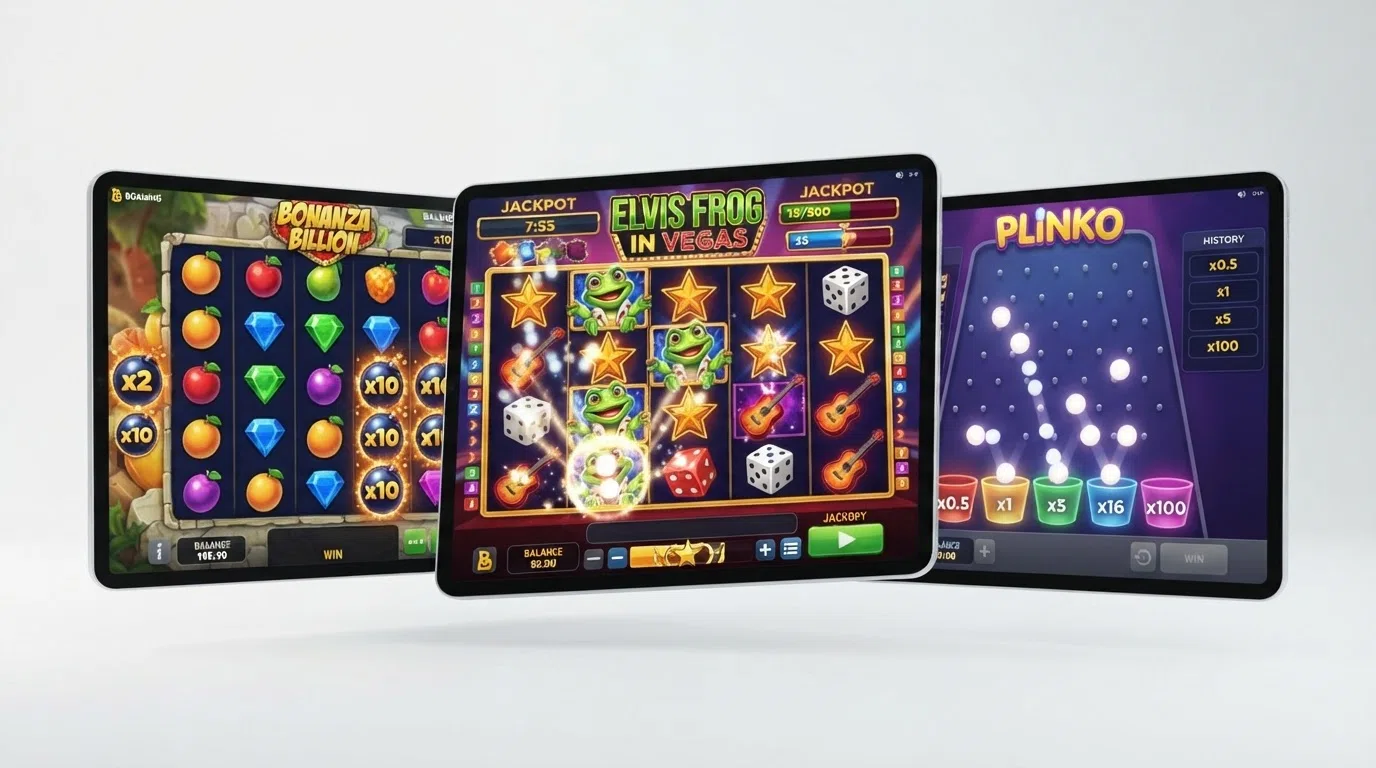 A collage of BGaming slot screens — Bonanza Billion's 6×5 fruit grid, Elvis Frog in Vegas reels, and Plinko's ball-drop board, all shown mid-spin