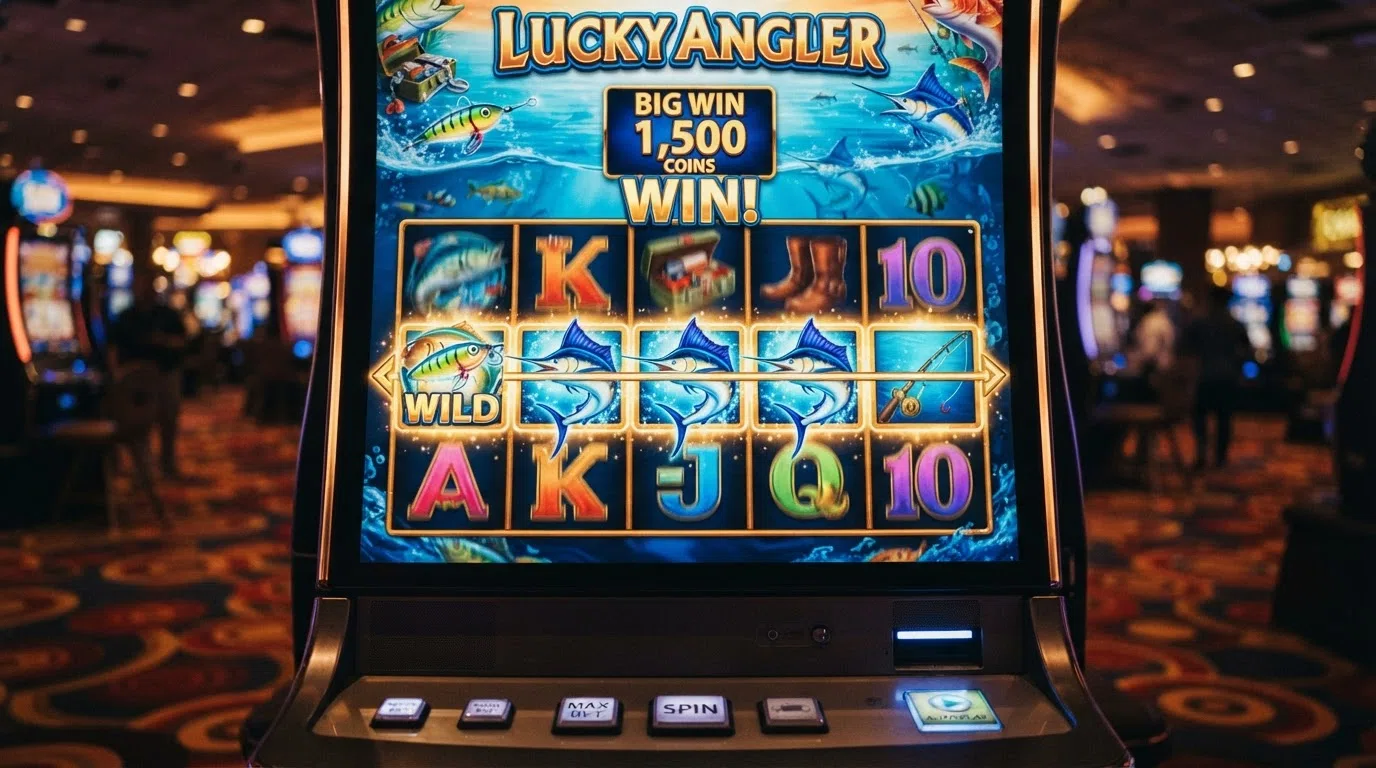 The Big Bass Bonanza 5×3 reel grid in play, showing the fishing-themed symbols and a visible payline trigger