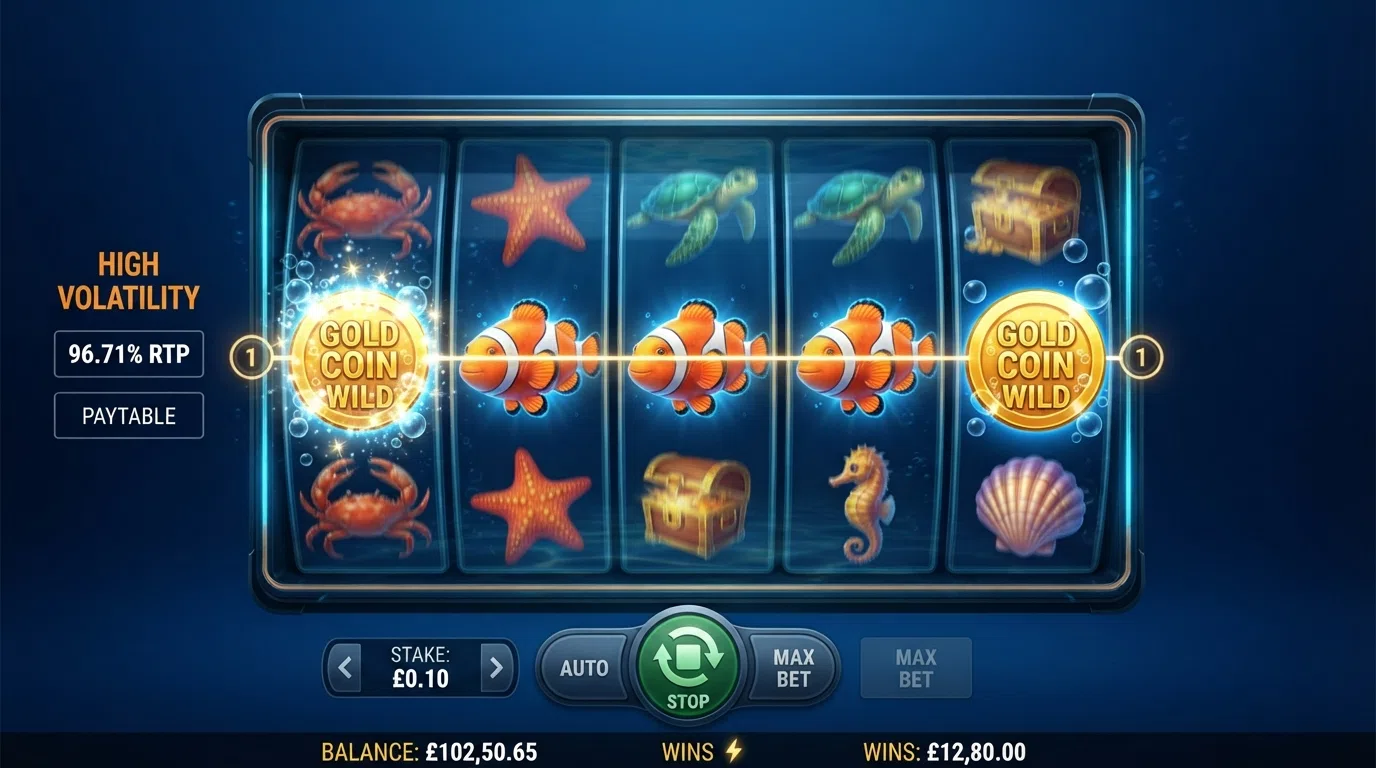 A close-up screenshot of the Big Bass Splash slot reel in a winning spin, with the payline highlighted, the RTP label (96.71%) visible in the game information panel, and the spin button showing a £0.10 stake.