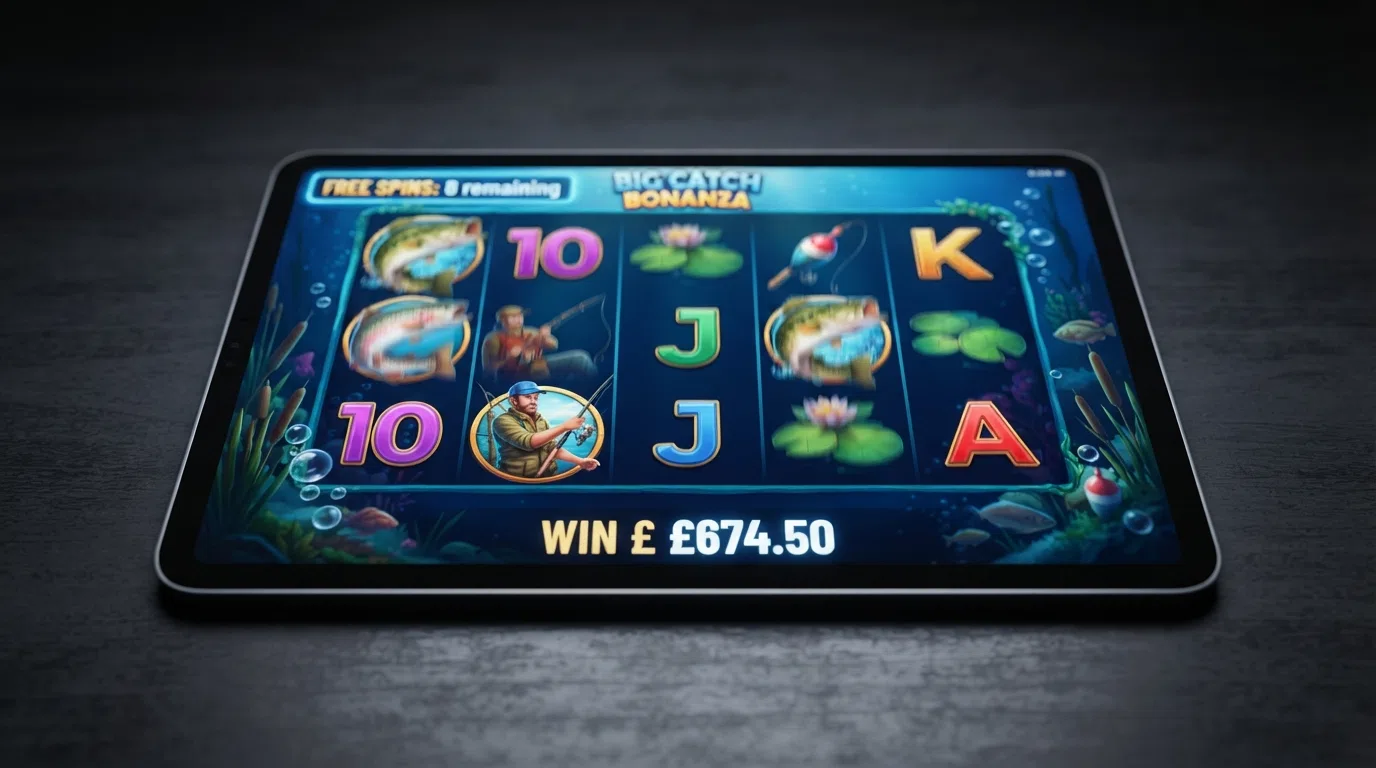 The Big Bass Splash slot game reels on screen during a free spins bonus round, showing the fishing-themed symbols and a win counter