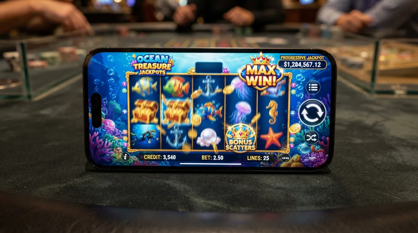 Big Bass Splash slot reels on a smartphone screen, showing the Pragmatic Play branding, the 5,000× max win badge, and a spin in progress
