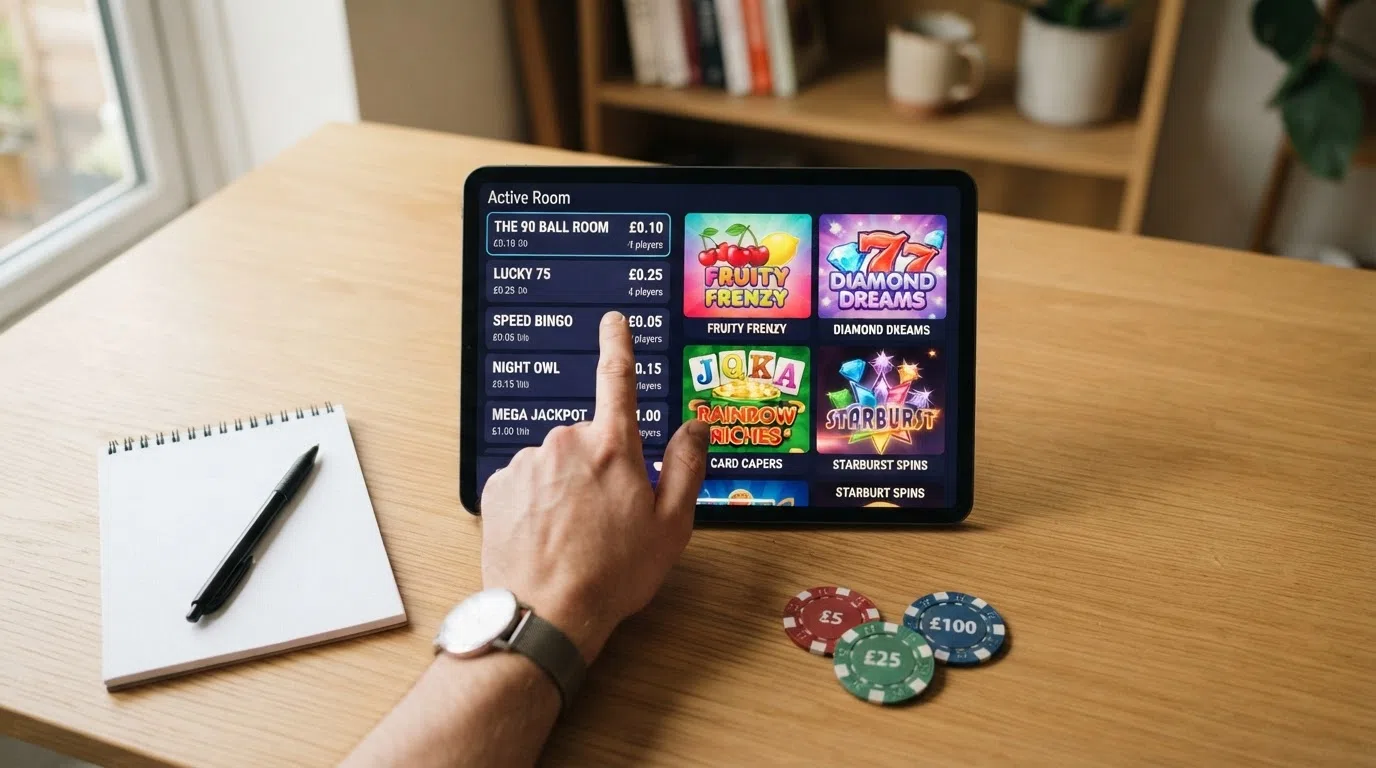 A bingo site game lobby showing slot game thumbnails alongside bingo room listings and Slingo titles