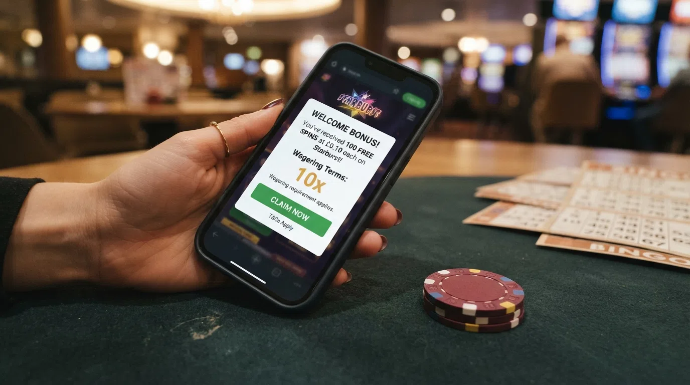 A split comparison: one side shows a bonus popup advertising 100 free spins, the other shows the T&Cs panel with the wagering multiple highlighted