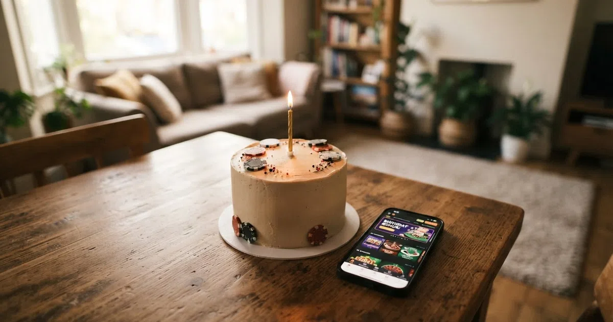 A birthday cake beside a smartphone displaying a UK-licensed casino lobby screen, with a calendar date circled