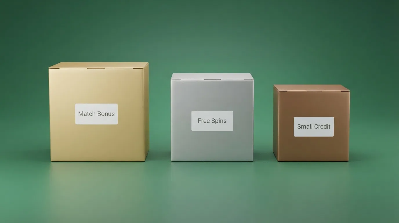 Three labelled gift packages of different sizes representing a match bonus, free spins and cash credit, arranged side by side on a casino-green background