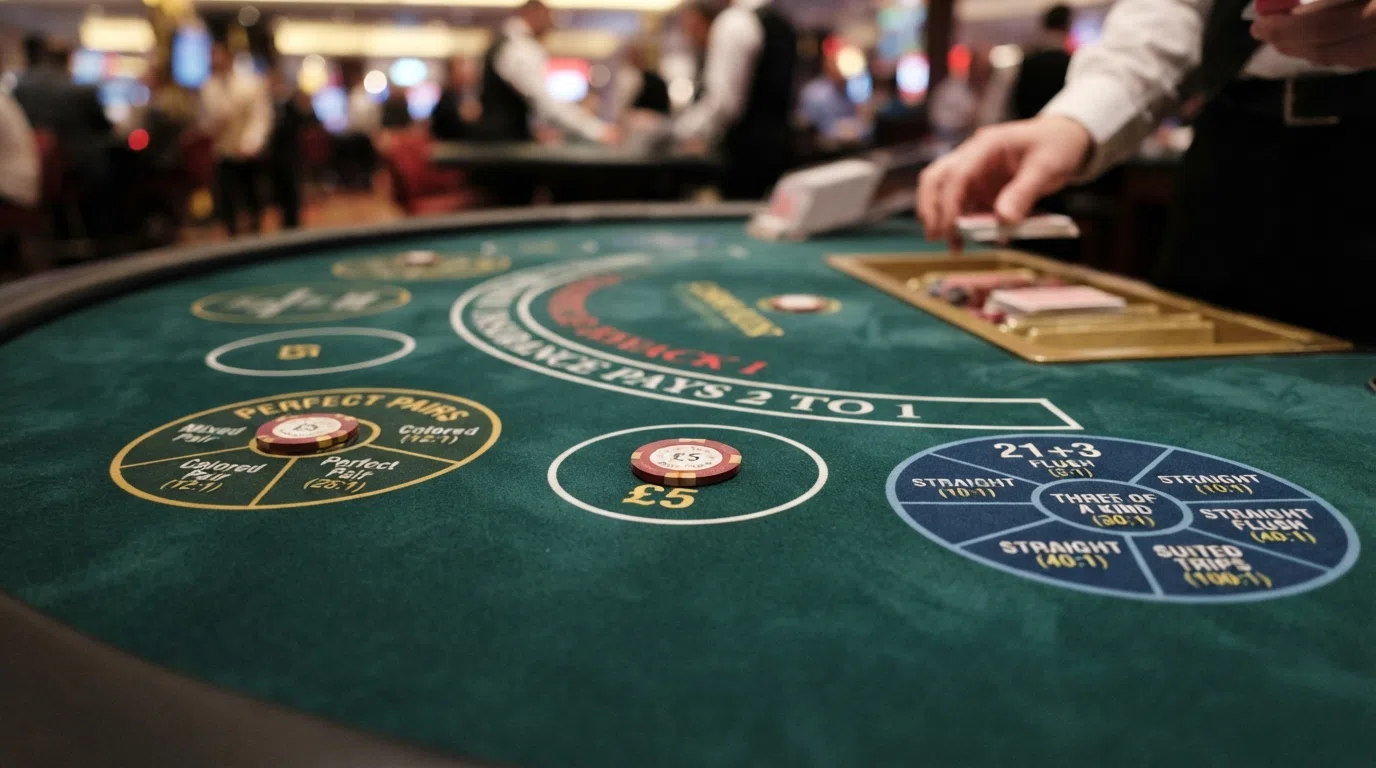 A close-up of a live blackjack table felt showing the main betting area and the marked side-bet positions for Perfect Pairs and 21+3