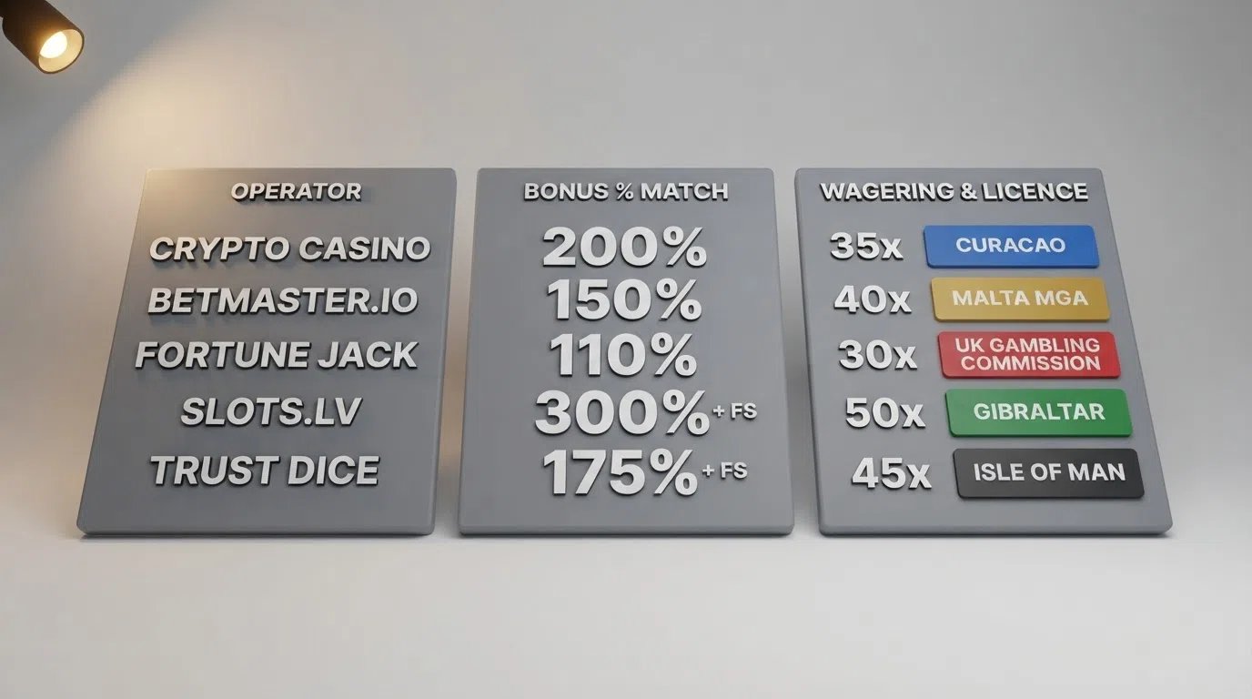 A side-by-side visual comparison of BNB casino welcome offers showing bonus percentages, wagering multipliers and licence badges