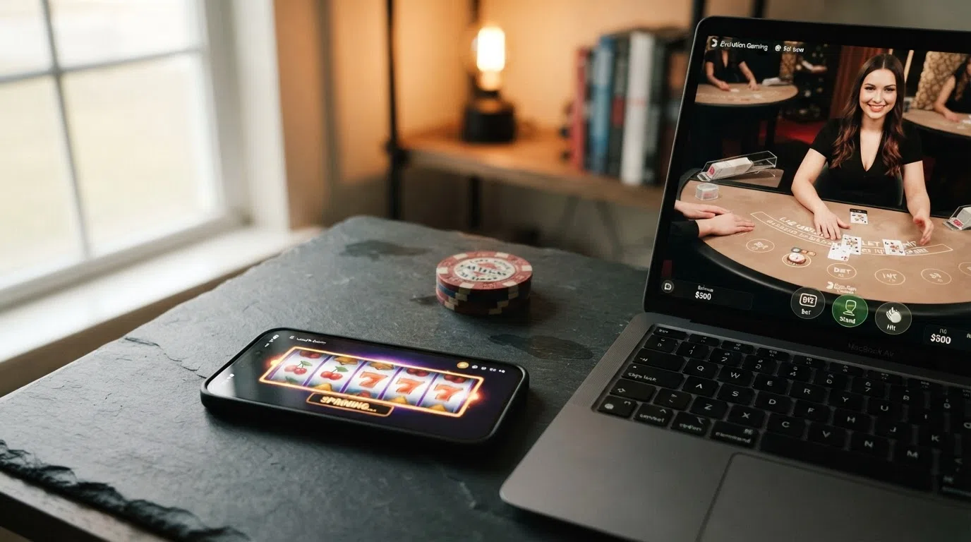 A collage of online slot reels, a live-dealer blackjack table with a real croupier on screen and a crash-game multiplier graph rising