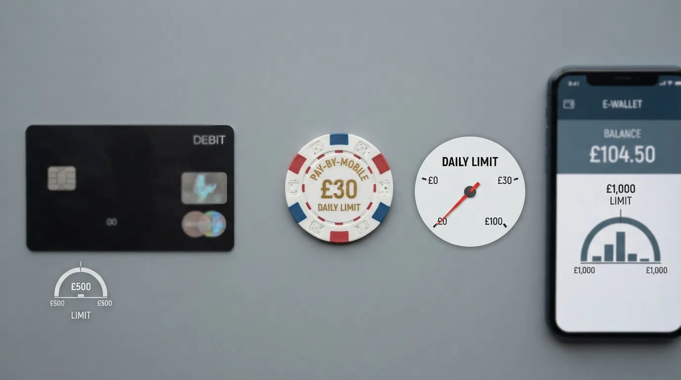 A side-by-side illustration: a Boku £30 daily limit gauge next to a debit card and an e-wallet, each showing their typical single-transaction ceiling