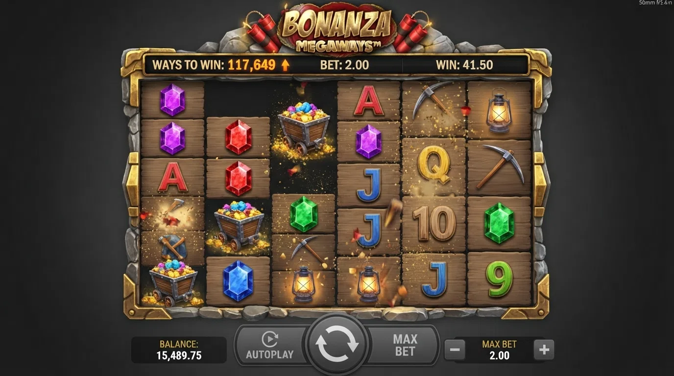 The Bonanza Megaways slot reel grid showing the mining-cart symbols, gem tiles and the cascading-reels reaction after a win