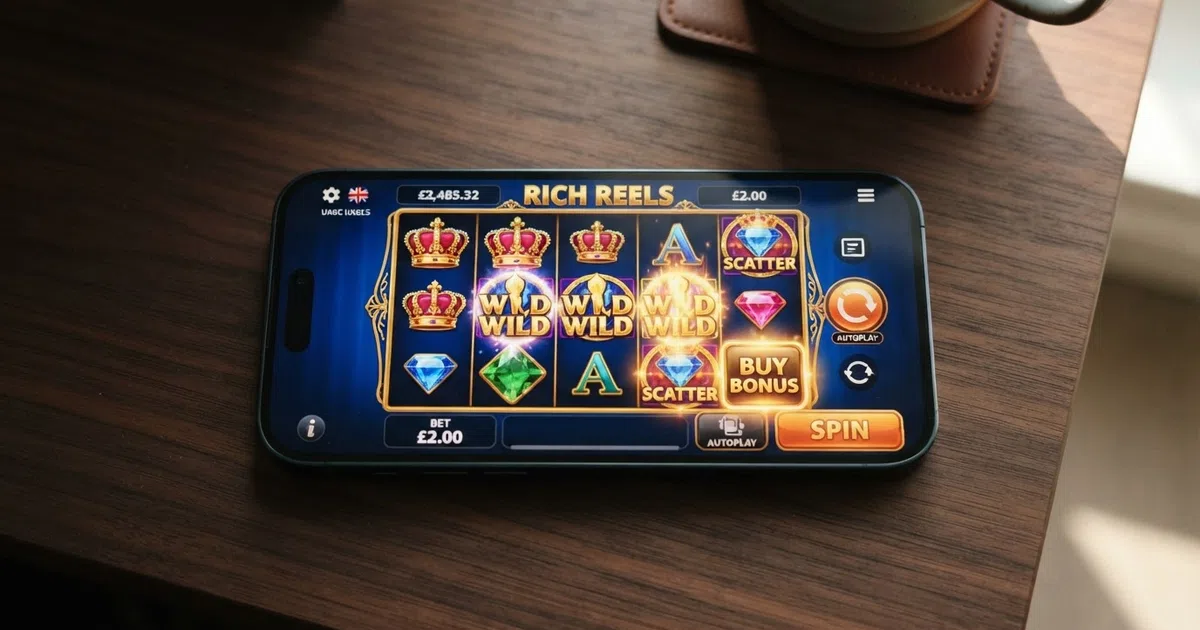 A slot game screen with a prominent "Buy Bonus" button highlighted, a stake display and a bonus-round preview panel