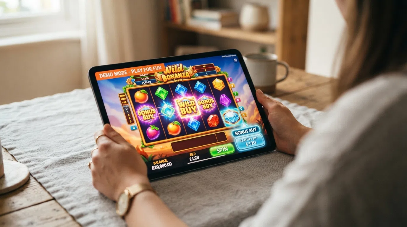 A demo-mode slot interface with a clearly labelled virtual-credit balance, the bonus buy button active, and a "Play for Fun" indicator